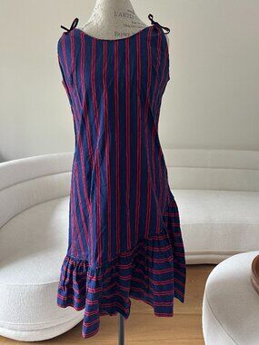 1960s Rhapsody by Glazier Navy Red Cotton Striped Sundress Drop-Waist Flounce